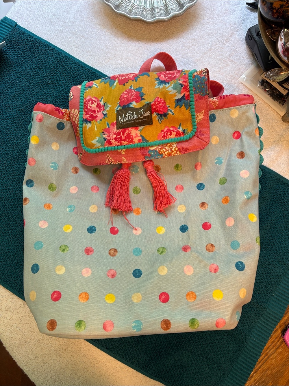 Matilda Jane Make A Splash Swim Backpack Floral Polka Dot Drawstring Snap Close